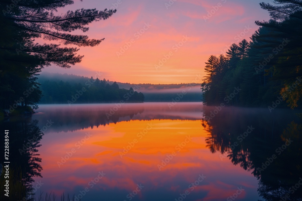 A sunrise with hues of orange and pink reflecting on a serene lake, surrounded by mist-covered trees in the background