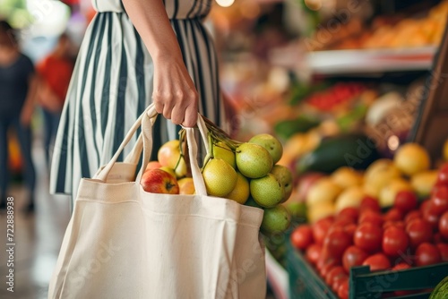 Woman buy fruits and vegetables at local farmers market. Reusable cotton eco bags for shopping with fresh fruits. Sustainable, zero waste lifestyle, Generative AI  photo