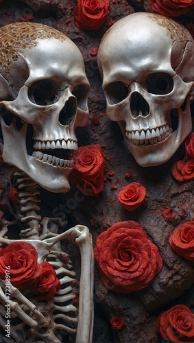 Human skeletons, two lovers lie on clay ground among red flowers. Day of the apocalypse. AI generative illustration