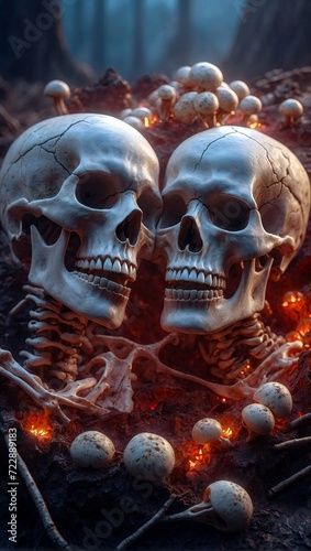 Apocalypse time, extinction of humanity. Human burned skeletons in the fire after war. AI generative illustration