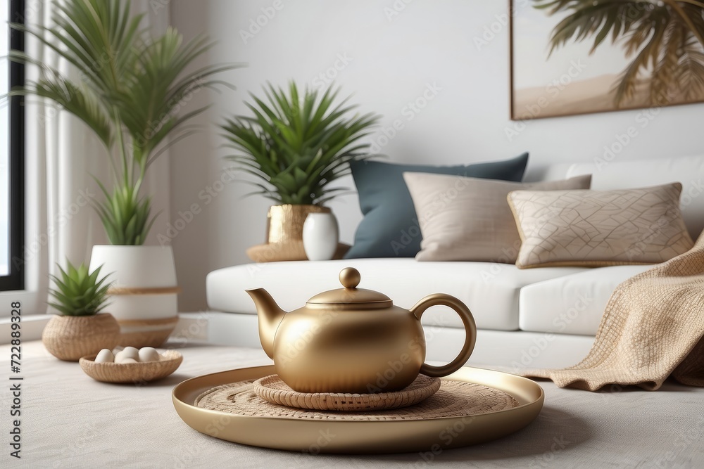 Modern minimal home interior design. Pillows, golden teapot, decorative straw plates, Scandinavian blanket, tropical palm tree, succulent and decorations