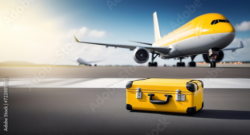 yellow travel suitcases on the background of an airplane and airport, travel concept