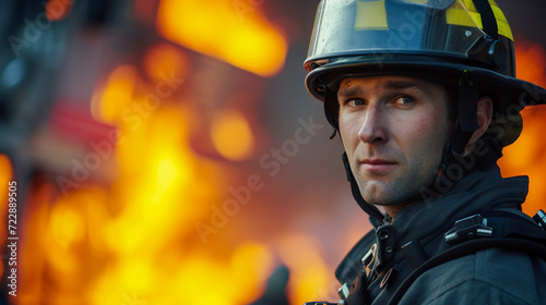 A firefighter on the background of a fire