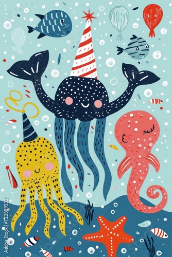 Underwater birthday joy with playful sea creatures. © Oly Cazac