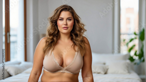 Confident Plus-Size Woman in Chic Lingerie - Curvy woman confidently posing in stylish lingerie, modern interior backdrop © Infini Craft