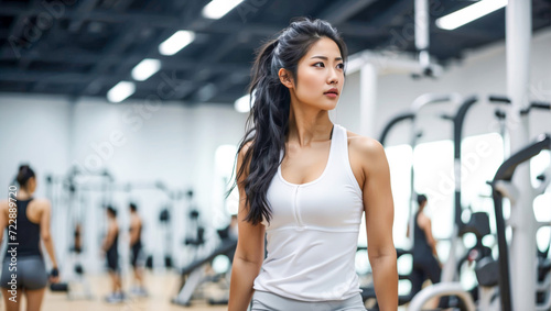 Determined Asian Female Athlete in White Tank Top at Fitness Center 