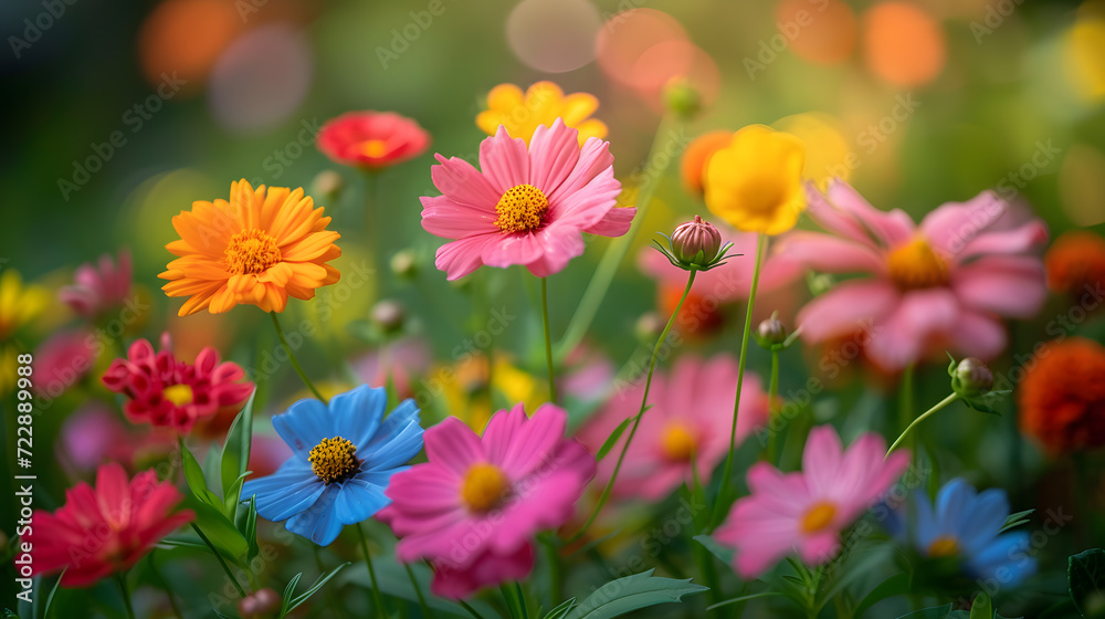 A blooming flower garden, with vibrant colors as the background, during a warm summer morning A blooming flower garden, with vibrant colors as the background, during a warm summer morning