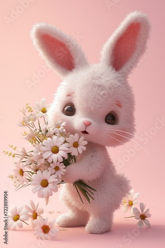 Bunny with a fluffy coat and a basket of vibrant spring blossoms