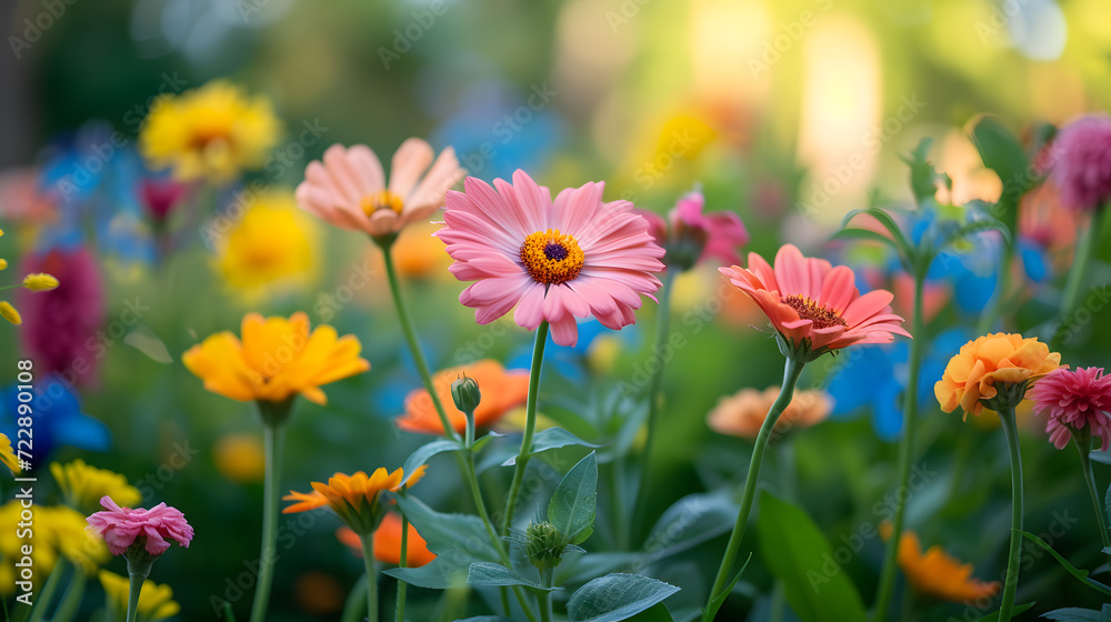 A blooming flower garden, with vibrant colors as the background, during a warm summer morning