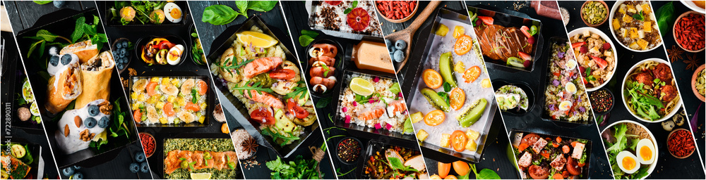Photo collage. The concept of a balanced diet. Healthy take away food and drinks in disposable eco friendly paper containers. Photo banner for a food site. - obrazy, fototapety, plakaty 
