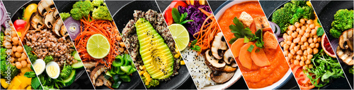 Photo collage of dietary dishes and healthy food. A set of dishes in plates. Photo banner for a food site. photo