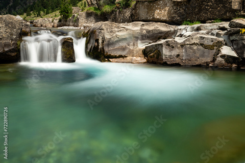 Ara river waterfalls in the Soaso circus in the Ordesa Valley National Park in Aragon Pyrenees. Huesca, Spain.