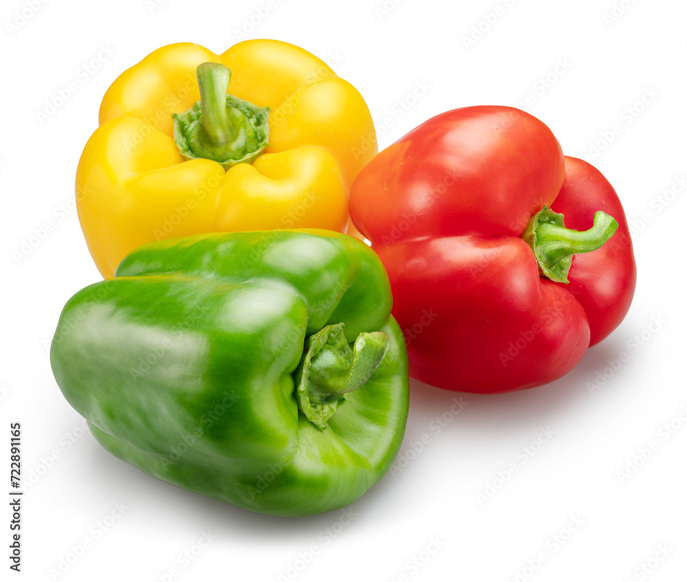 Green, yellow and red bell peppers isolated on white background. File contains clipping path. Green, yellow and red bell peppers isolated on white background. File contains clipping path.