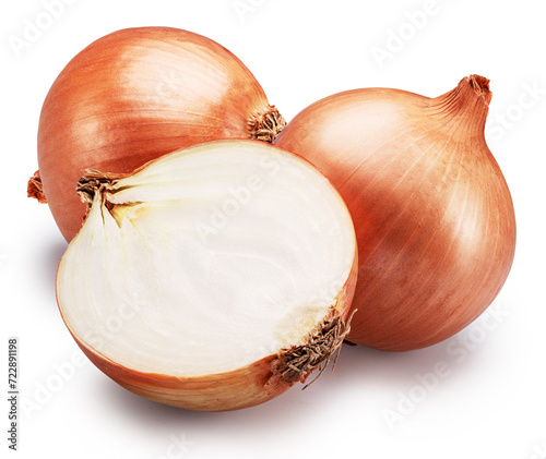 Onion bulb and cross section of onion isolated on white background. File contains clipping paths.