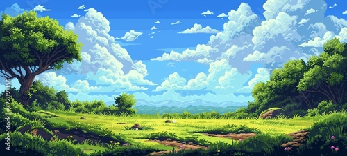 Serene pixel art landscape with lush greenery and towering trees under a sky full of fluffy clouds, perfect for video game backgrounds or tranquil scenes.
