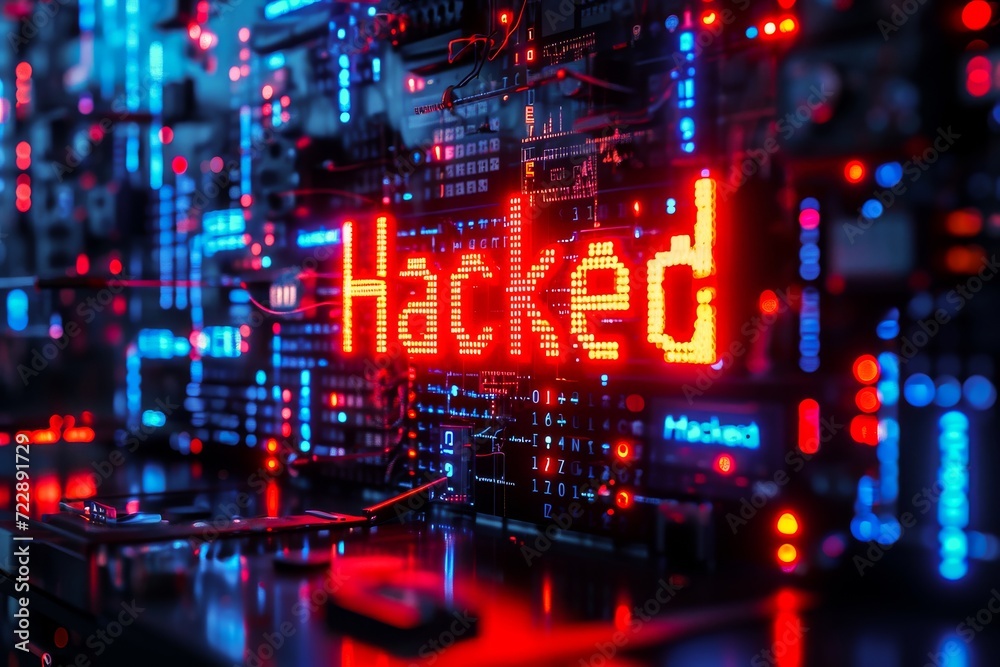 Cybersecurity threat concept with the word 'Hacked' glowing in red on a high-tech server room background.