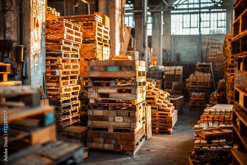 A storage warehouse full of stacked wooden pallets, showcasing an organized industrial environment for logistics and shipping.