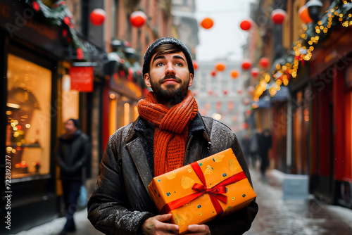 A young man in winter attire holds a festive gift box on a snowy city street decorated for Christmas.