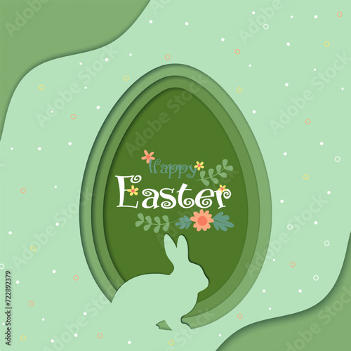 Trendy abstract paper cut illustration of greenpaper art easter rabbit, flowers and egg shape. photo