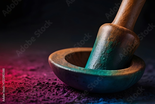 mortar with pestle for herbs preparation, spice grinding, herbal medicine preparation concept photo