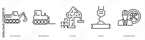 A set of 5 Build icons as excavator, bulldozer, crane
