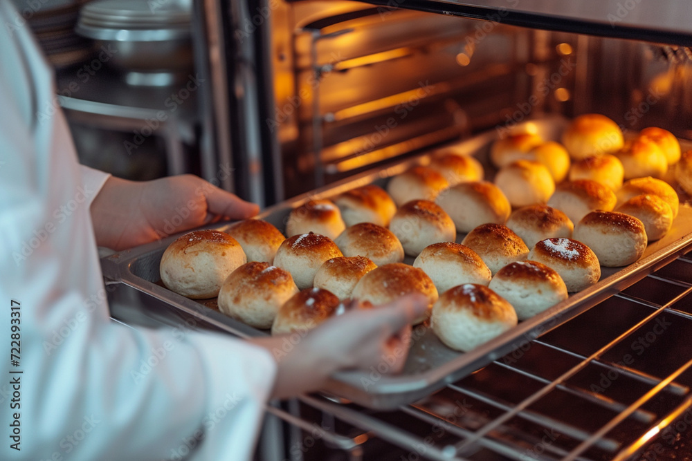 Close up of buns in oven for baking, baking, selective focus