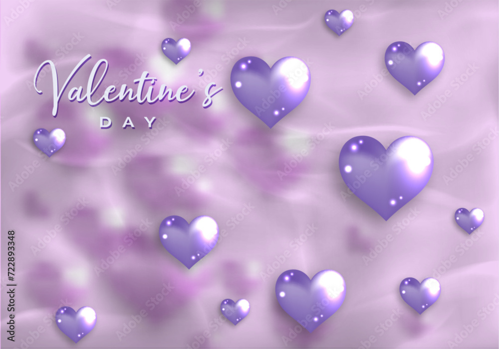 Happy Valentines day elegant card. 3D glossy purple glass hearts on old rose paper background. Fashion Holiday poster, jewels. Concept for Valentines banner, flyer, party invitation, jewelry gift shop