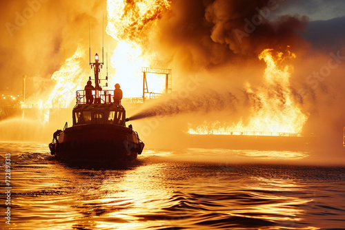 Firefighters extinguish a fire at sea, a ship is burning at sea, a fire on a cargo ship, selective focus