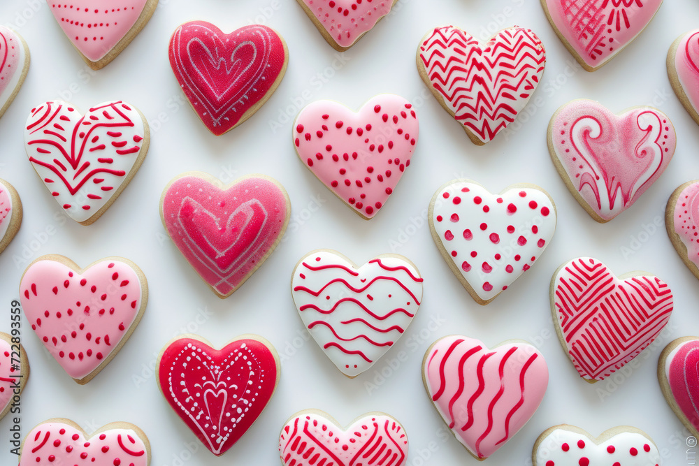 Valentine's Day heart-shaped cookies, each with a unique pattern of red and pink icing. 
