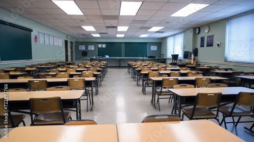 Empty classroom with rows of desks and chairs