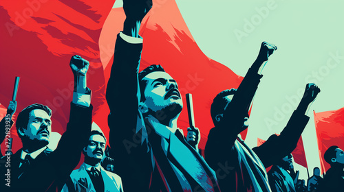 Socialism illustration with red background, people protest, humanitarian, dictatorship