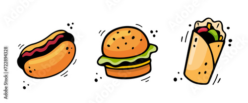 Hand drawn fast food icons Hot dog, Hamburger, Doner Kebab. Sketch of snack elements isolated on white background. Fast food illustration in doodle style. Fast food collection.