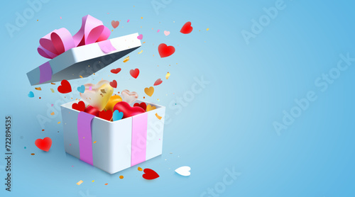 Fototapeta Naklejka Na Ścianę i Meble -  3d Present box explosion with hearts and confetti. Happy Valentines day.
