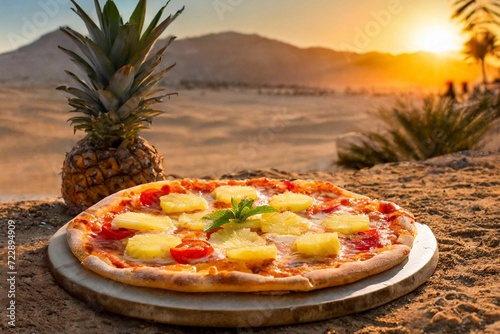 Pizza with pineapple slices in the desert, sunset. Hawaiian pizza with pineapple and tomatoe