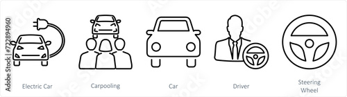 A set of 5 Car icons as electric car, carpooling, car