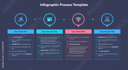Infographic process template with four steps - dark version. SImple chart design for workflow layout, diagram, banner, web design. photo
