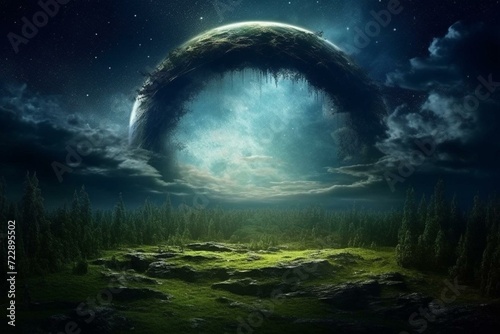 A bright shining moon surrounded by an ethereal outer ring, set against a blue sky filled with stars and perfect clouds. A view of pristine green nature on Earth. Generative AI