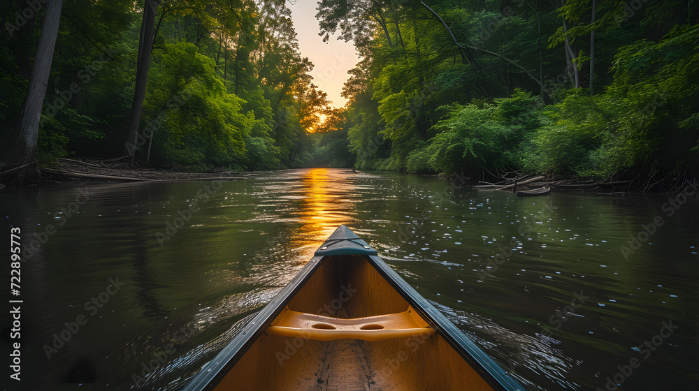A canoe on a tranquil river, with lush forests on either side as the background, during a peaceful summer evening