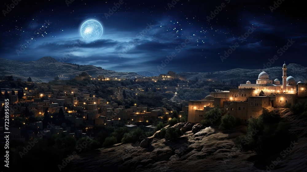 Bethlehem. Celestial, awe-inspiring, divine light, Bethlehem skyline, guiding star, Christmas, wonder, spirituality. Generated by AI.