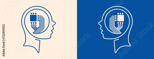 Human head with a microcircuit, chip inside. Linear concept symbol of AI, robotics, bio engineering. Isolated graphic element for design logo, brand sign, icons. Vector illustration, line art.
