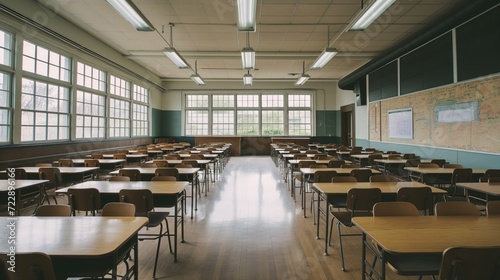 Empty classroom with rows of desks and chairs © cherezoff