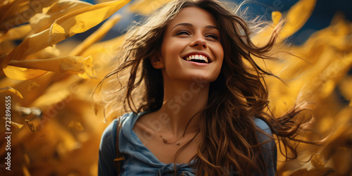 A happy woman.Yellow-blue colors as a symbol of the Ukrainian flag. Concept of freedom, independence, victory in war