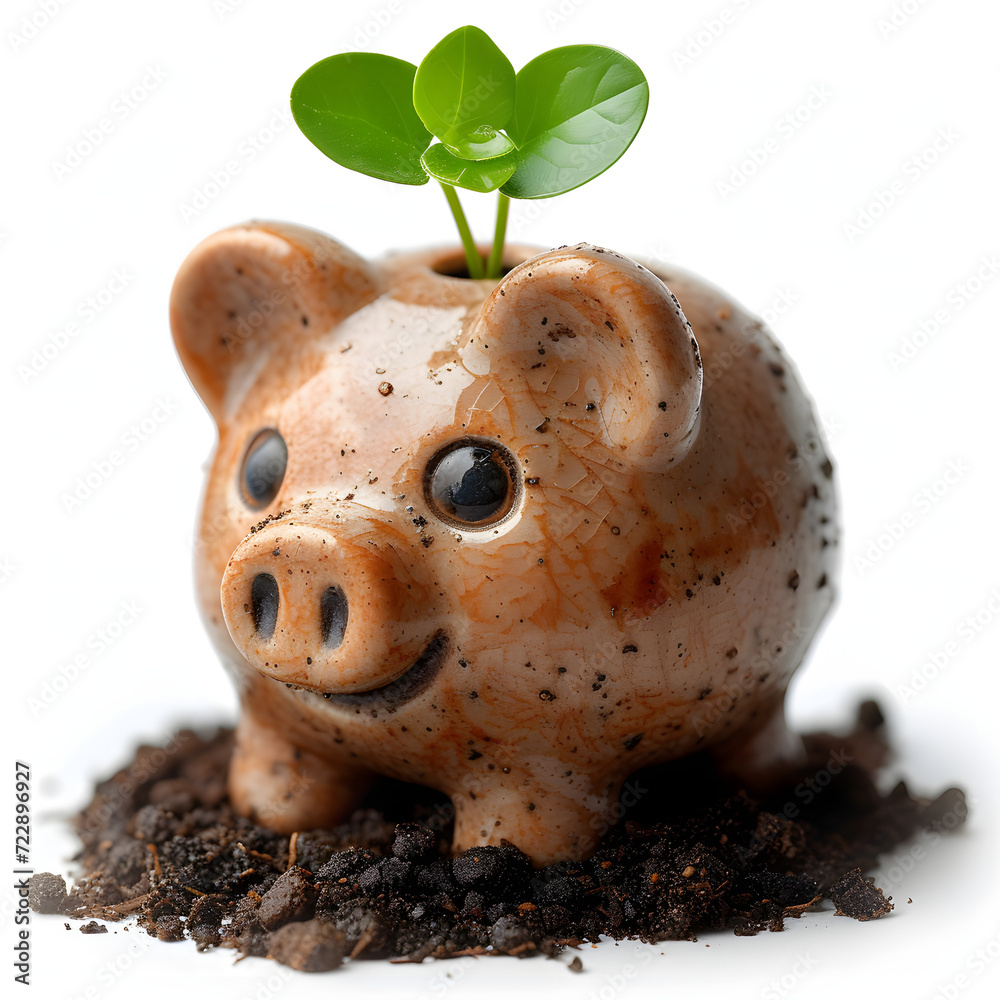 Person with a piggy bank and a growing plant, symbolizing savings and