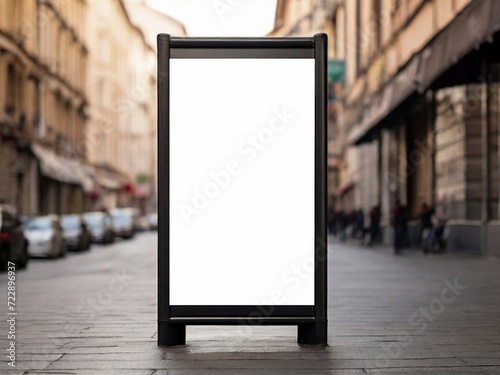 Blank white poster on a city street. 3d rendering. Created using generative AI tools