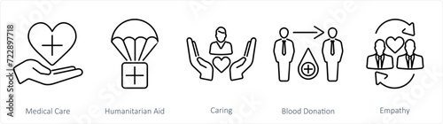 A set of 5 Charity and donation icons as medical care, humanitarian aid, caring