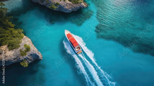 Speedboat crosses ocean lagoon photo