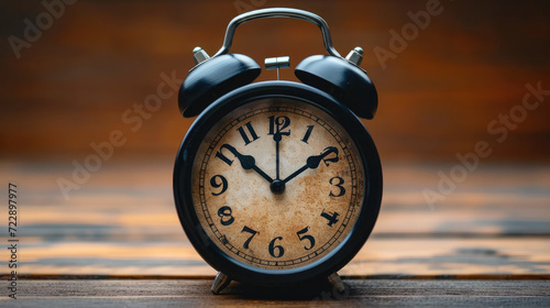 black alarm clock on a wooden table with copy space