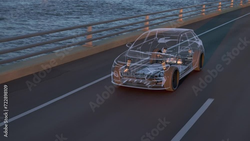 Animation of a generic electric car revealing the chassis with battery pack while driving along a bridge with wind turbines in background. Decarbonisation concept. High quality 3d rendering animation. photo