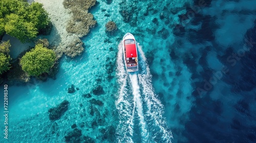 Speedboat crosses ocean lagoon photo
