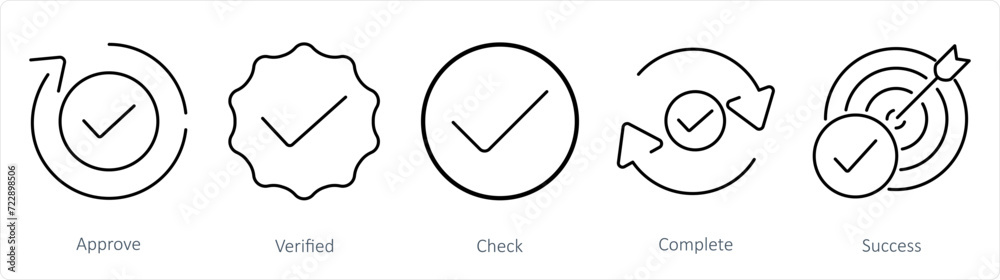 A set of 5 Checkmark icons as approve, verified, check - obrazy, fototapety, plakaty 